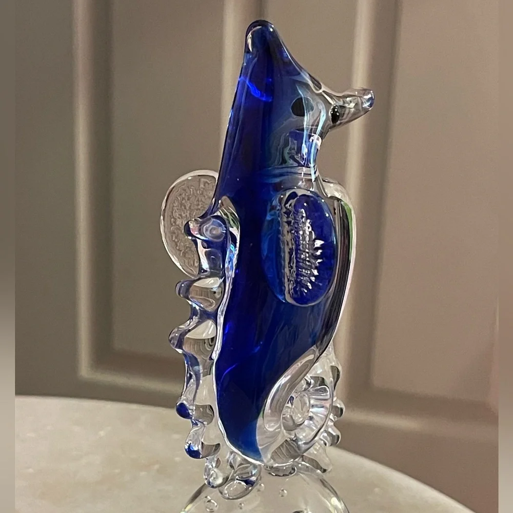 Blue Art Glass Seahorse Figurine or Paperweight Cobalt/Clear Blown Glass